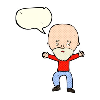 Çizgi film yaşlı adamı konuşma balonuyla panikletiyor.