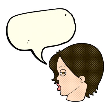 Çizgi film kadın yüzü, gözleri kısılmış, konuşma balonu var.