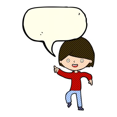 Çizgi filmci konuşma balonunu işaret ediyor.