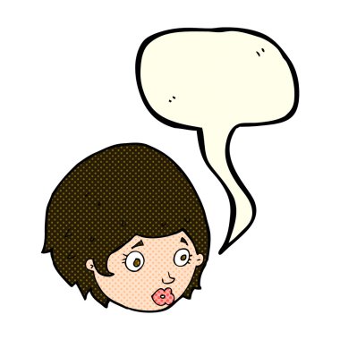 Konuşma baloncuğuyla ilgili endişeli ifadesi olan çizgi film kızı.