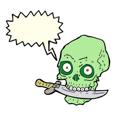 Konuşma baloncuklu dişlerinde bıçak olan korsan kafatası.