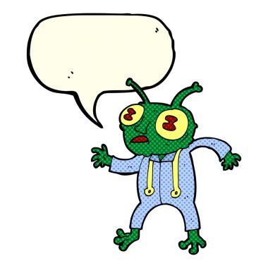 Konuşma baloncuğu olan uzaylı bir karikatür.