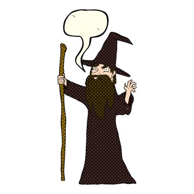 Konuşma baloncuğu olan yaşlı bir çizgi film sihirbazı