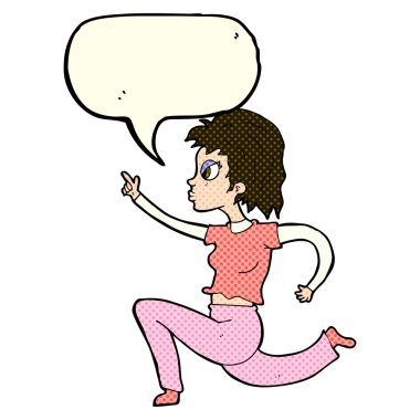 Çizgi filmdeki kadın konuşma balonuyla koşuyor ve işaret ediyor