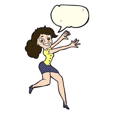 karikatür mutlu kadın konuşma balonu ile atlama