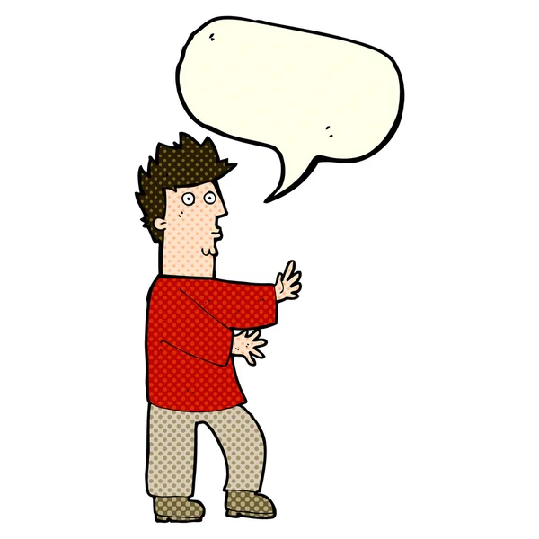 Cartoon nervous man waving with speech bubble — Stock Vector