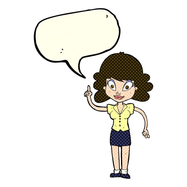 Karikatur glückliche Frau mit Idee mit Sprechblase — Stockvektor