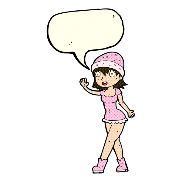 Cartoon pretty girl in hat waving with speech bubble — Stock Vector