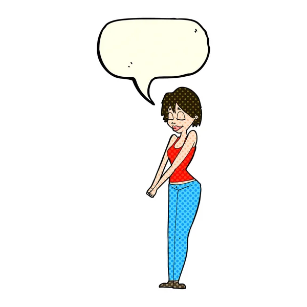 Cartoon conteúdo mulher com bolha de fala — Vetor de Stock