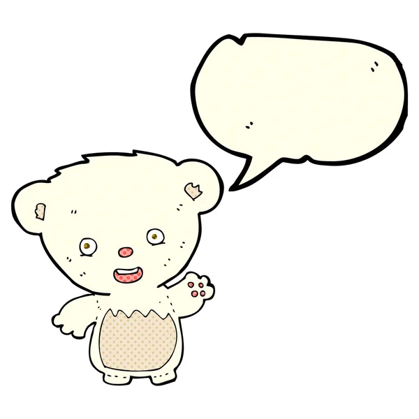 Cartoon polar bear cub waving with speech bubble — Stock Vector