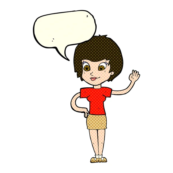 Mujer de dibujos animados ondeando con la burbuja del habla — Vector de stock