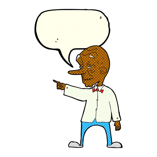 Cartoon alter Mann zeigt mit Sprechblase — Stockvektor