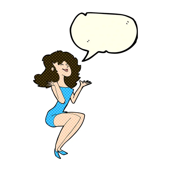 Cartoon attractive woman sitting with speech bubble — Stock Vector