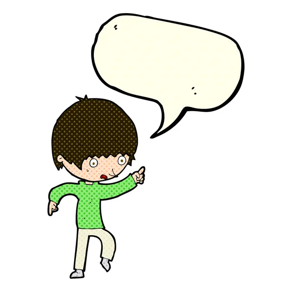Cartoon bezorgd jongen wijzen met spraakzeepbel — Stockvector
