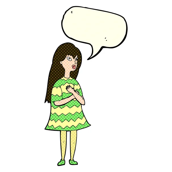 Cartoon surprised girl with speech bubble — Stock Vector