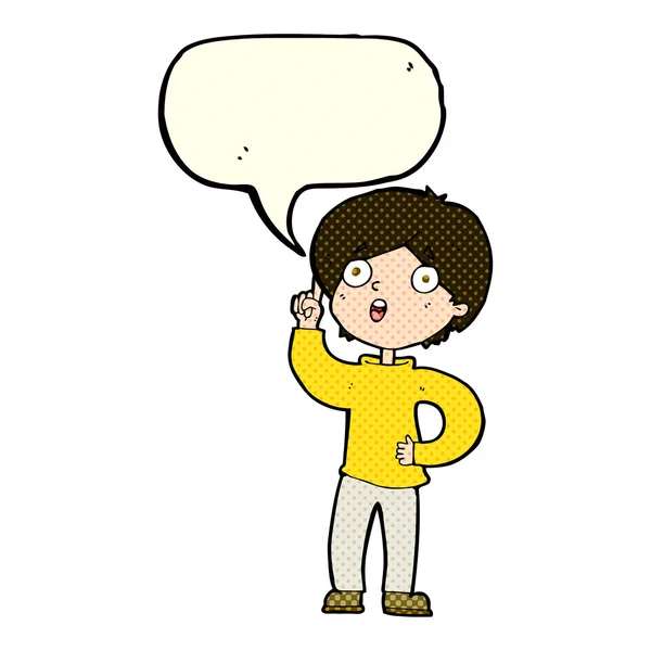 Cartoon jongen met idee met spraakbel — Stockvector
