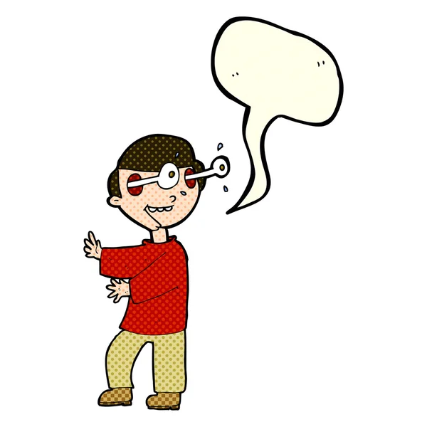 Cartoon boy with popping out eyes with speech bubble — Stock Vector