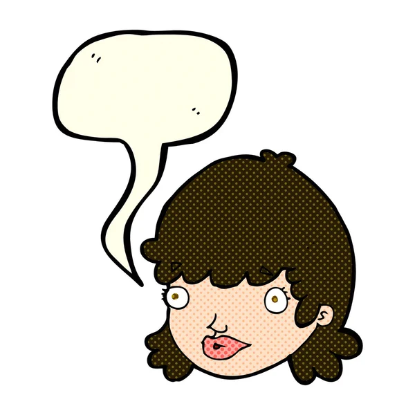 Cartoon vrouwelijk gezicht met verrast uitdrukking met spraakzeepbel — Stockvector