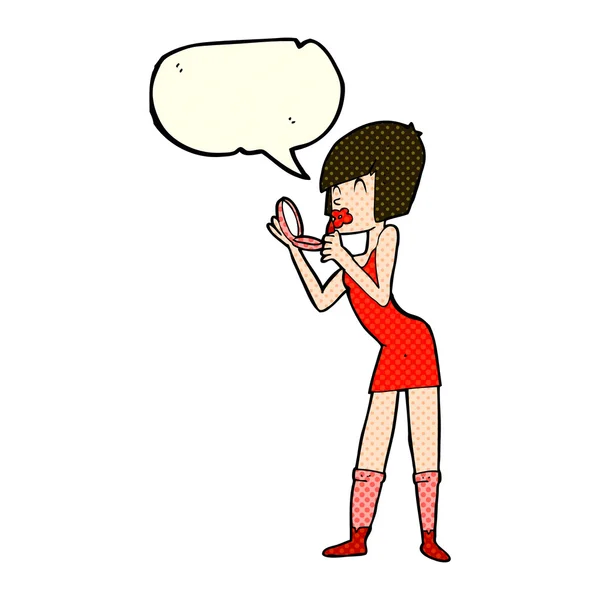 Cartoon woman applying lipstick with speech bubble — Stock Vector