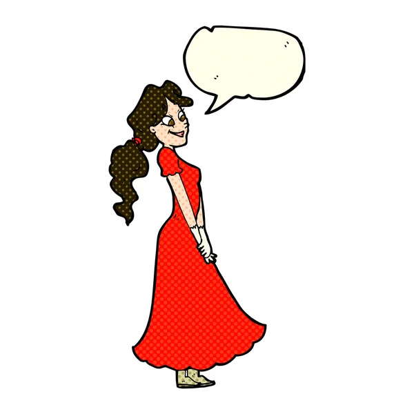Cartoon pretty woman in dress with speech bubble — Stock Vector