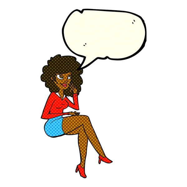 Cartoon office woman sitting with speech bubble — Stock Vector