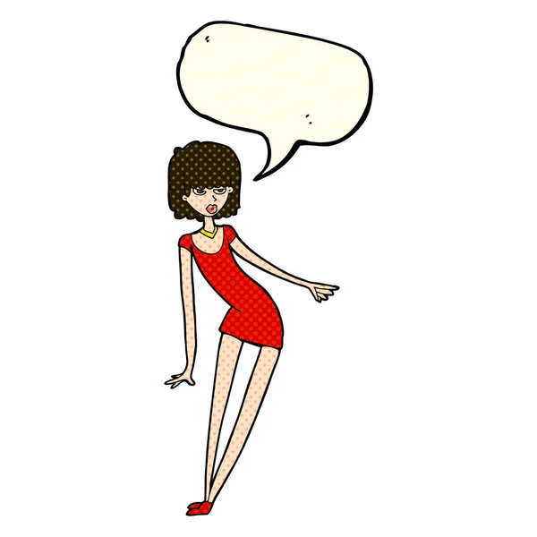 Cartoon woman in dress leaning with speech bubble — Stock Vector
