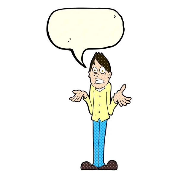 Cartoon man shrugging shoulders with speech bubble — Stock Vector