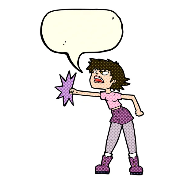 Cartoon woman punching with speech bubble — Stock Vector