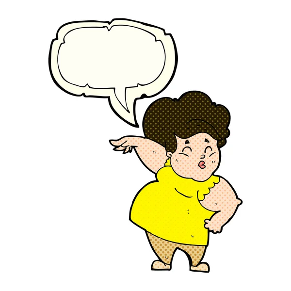 Cartoon happy overweight lady with speech bubble — Stock Vector