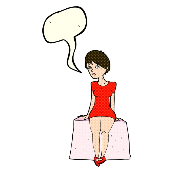 Cartoon curious woman sitting with speech bubble — Stock Vector