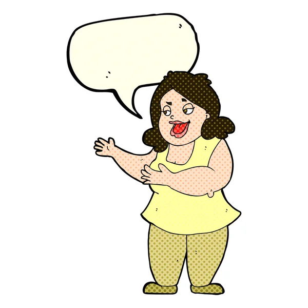 Dibujos animados mujer gorda feliz con burbuja de habla — Vector de stock