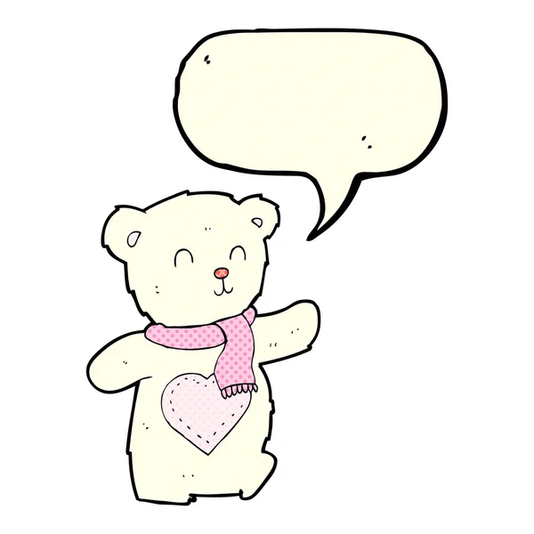 Dibujos animados oso de peluche blanco con corazón de amor con burbuja de habla — Vector de stock
