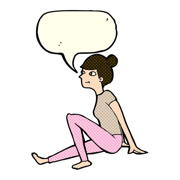 Γελοιογραφία γυναίκα που κάθεται με το συννεφάκι λόγου — Διανυσματικό Αρχείο