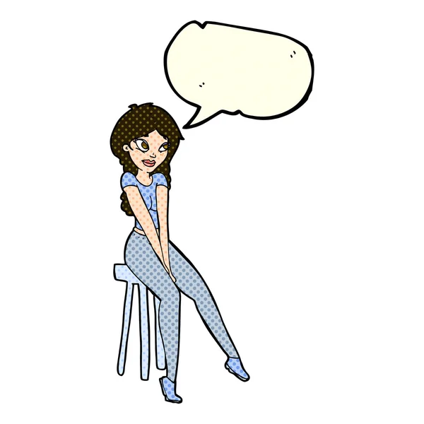 Καρτούν όμορφο κορίτσι στο σκαμνί με φούσκα ομιλία — Διανυσματικό Αρχείο