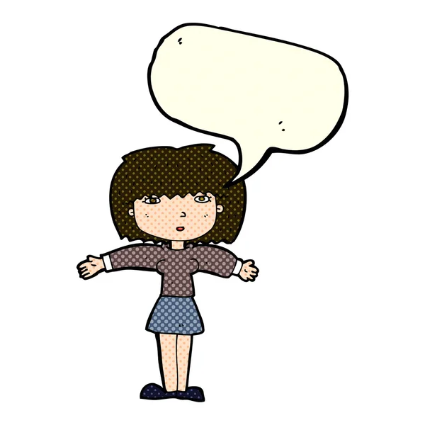 Cartoon woman shrugging shoulders with speech bubble — Stock Vector