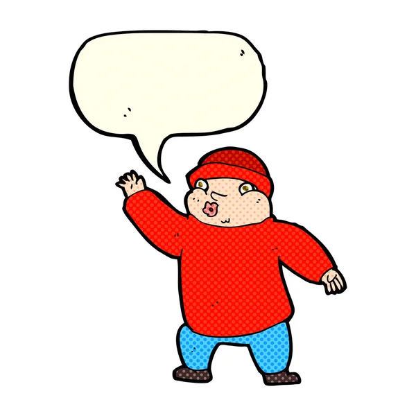 Cartoon man in hat waving with speech bubble — Stock Vector