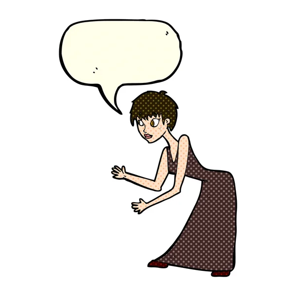 Mujer de dibujos animados en vestido gesto con la burbuja del habla — Vector de stock