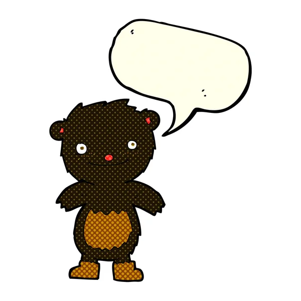 Мультяшний плюшевий чорний ведмідь у чоботях з мовною бульбашкою — стоковий вектор