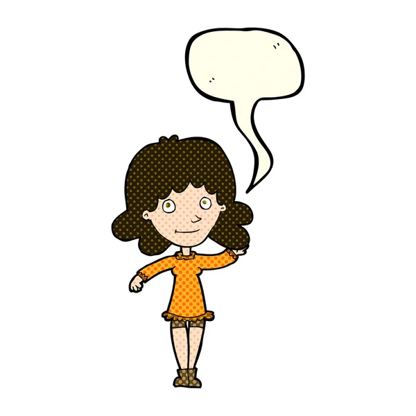 Mujer amigable de dibujos animados ondeando con burbuja del habla — Vector de stock