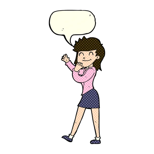 Karikatür mutlu iş kadını konuşma balonu ile — Stok Vektör