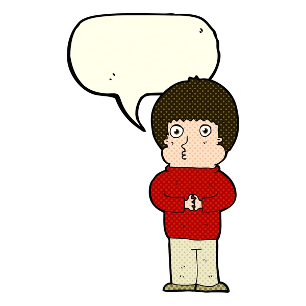 Dibujos animados tímido chico con el habla burbuja — Vector de stock