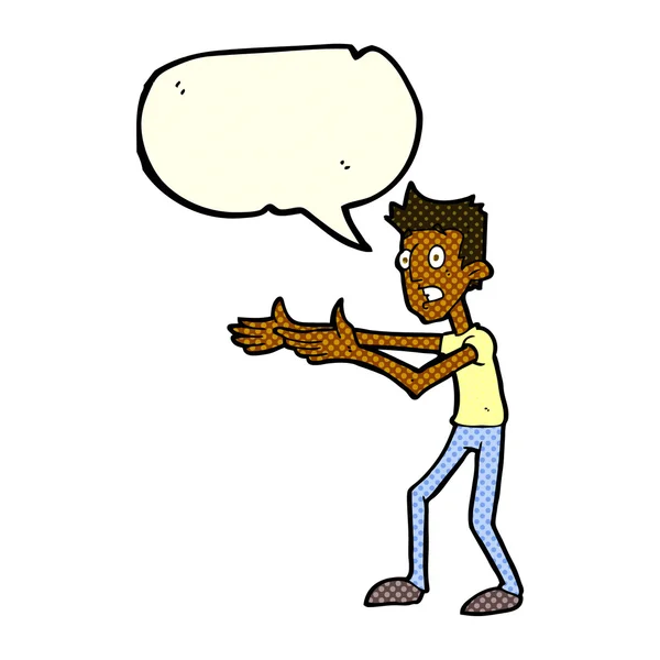 Hombre de dibujos animados desesperadamente explicando con la burbuja del habla — Vector de stock