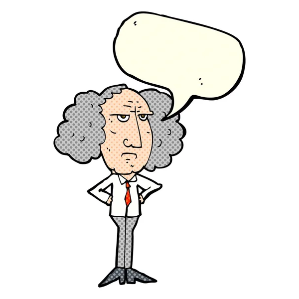 Desenho animado grande cabelo professor homem com fala bolha — Vetor de Stock