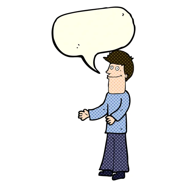 Hombre de dibujos animados hombros encogiéndose de hombros con burbuja del habla — Vector de stock