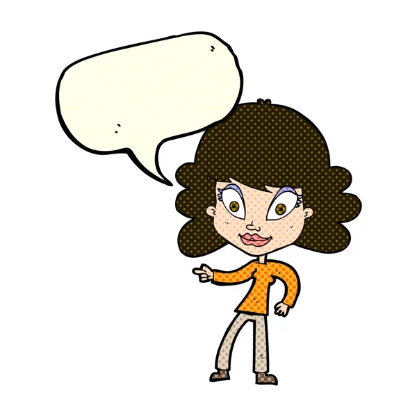 Dibujos animados mujer apuntando con el habla burbuja — Vector de stock