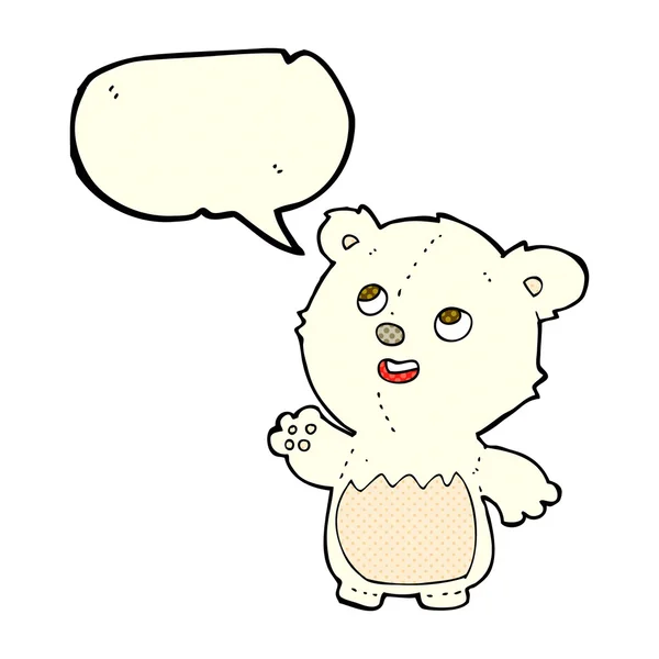 Dibujos animados pequeño oso polar de peluche feliz con burbuja de habla — Vector de stock