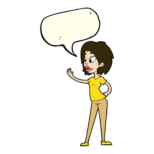 Mujer de dibujos animados ondeando con la burbuja del habla — Vector de stock