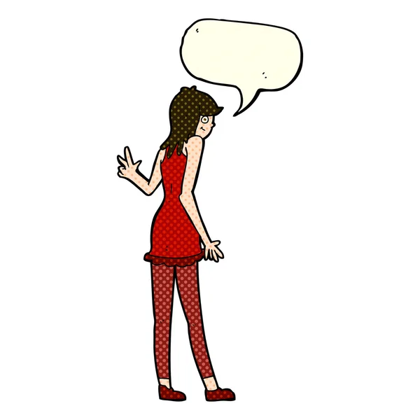 Kreslená žena mávající s hlasovou bublinou — Stockový vektor