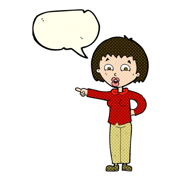 Cartoon pointing woman with speech bubble — Stock Vector