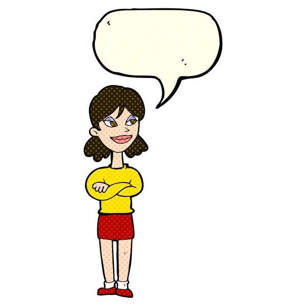 Cartoon smug woman with speech bubble — Stock Vector